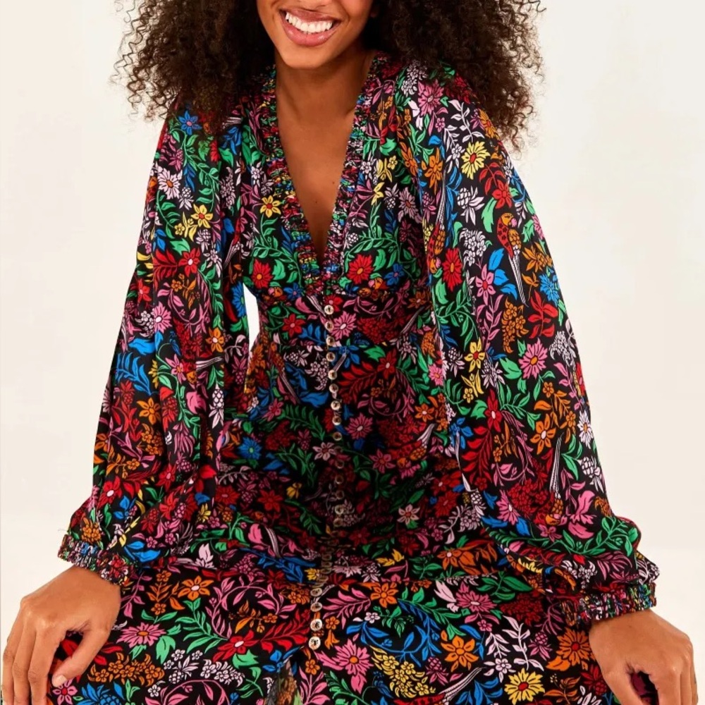 FARM RIO Tropical Garden Midi Dress XS Black Floral